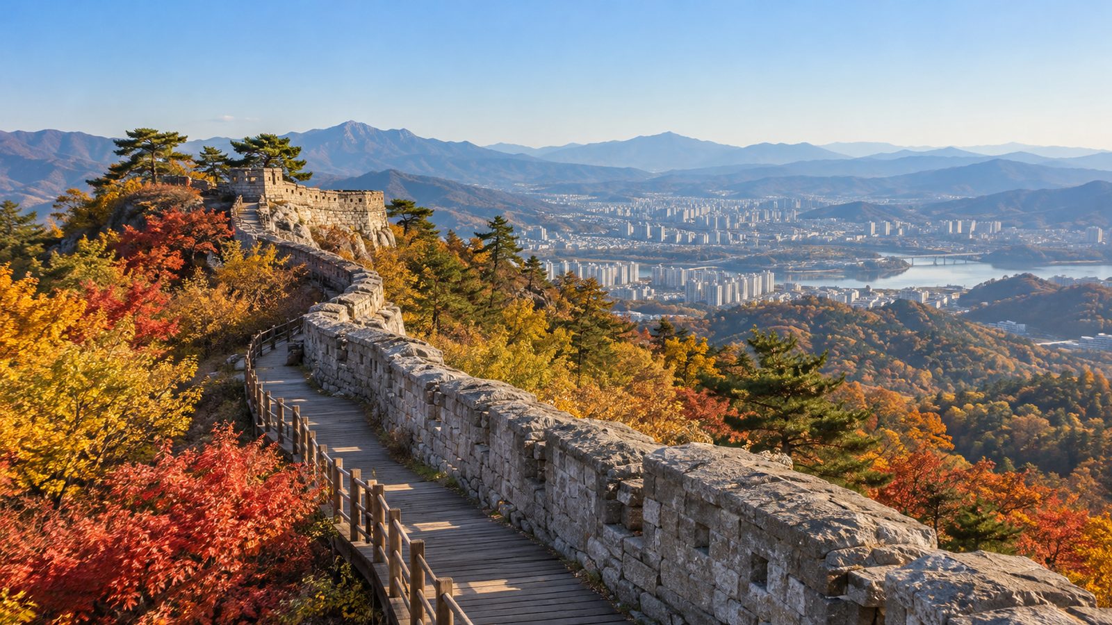 단풍 든 산 능선을 따라 이어진 돌 성곽길과 그 아래로 펼쳐진 도시 전경