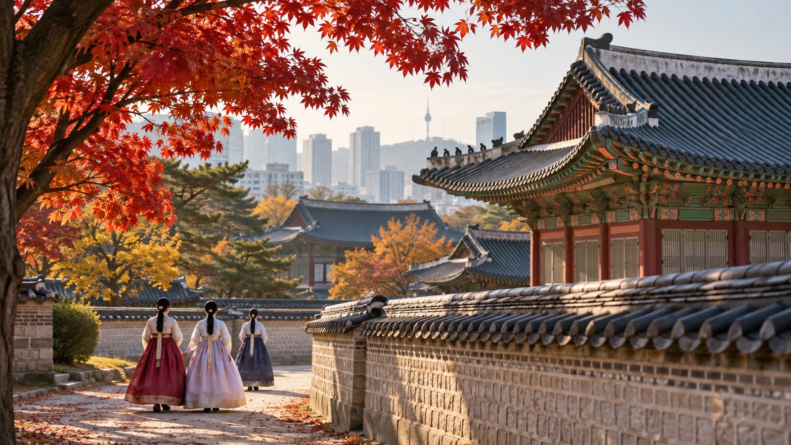 단풍 든 가을 고궁의 기와지붕과 처마 너머로 서울 도심 고층 건물이 겹쳐 보이는 풍경
