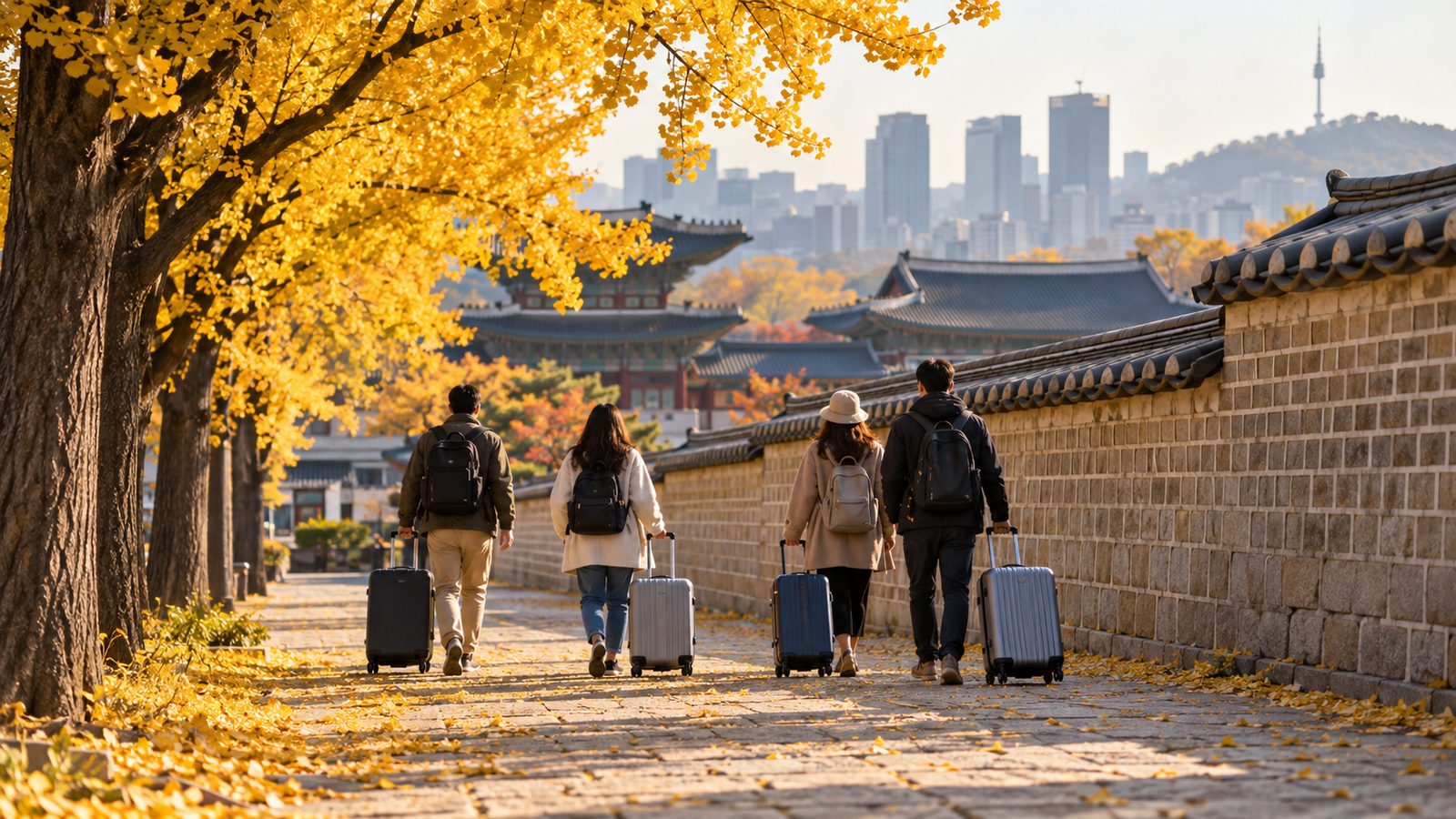 노랗게 물든 은행나무 아래 고궁 돌담길을 따라 캐리어를 끌고 걷는 여행객들의 뒷모습